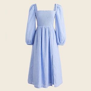 J.Crew Linen Daydream Smocked Puff Sleeve Babydoll Midi Dress French Blue XS